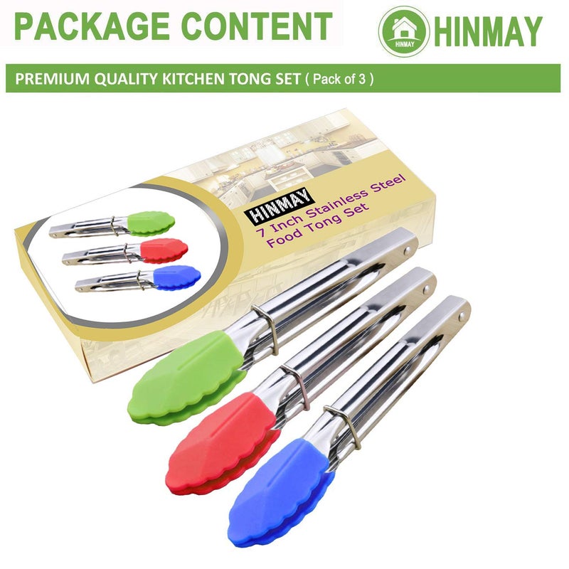 HINMAY Mini Tongs with Silicone Tips 7-Inch Serving Tongs, Set of 3 (Green Red Blue) - Image 3